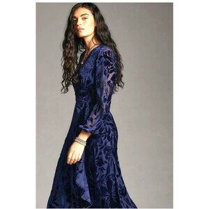 Anthropologie Hutch Long Sleeve Velvet Wrap Maxi Dress Size M NWT Burnout Navy